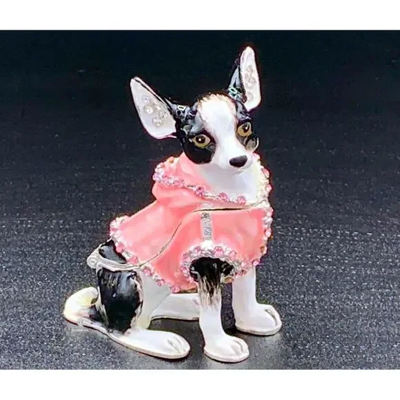 Boston Terrier Dog Jeweled Trinket Box Pink Enamel Rhinestone Figurine - Picture 4 of 4